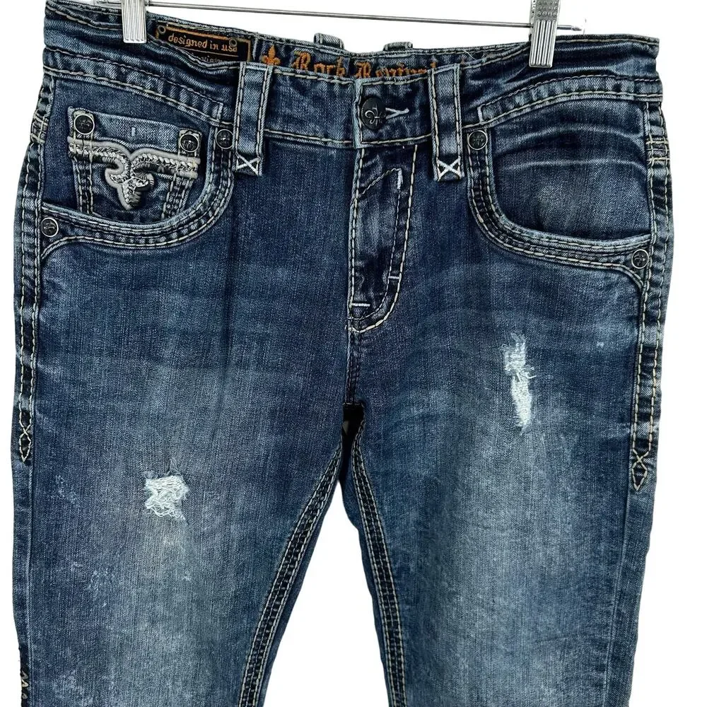 Men's Distressed Rock Revival Pruitt Straight Leg Blue Denim Jeans Embroidered
